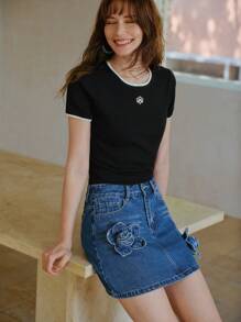 MOTF STUDIO 女士3D印花水洗直筒牛仔裙 - 藍色 - 查看 3