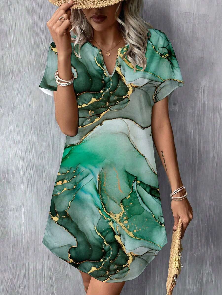 EMERY ROSE Vestido corto de tejido, de escote en V con estampado de teñido anudado verde, estilo minimalista casual, adecuado para la primavera y el verano