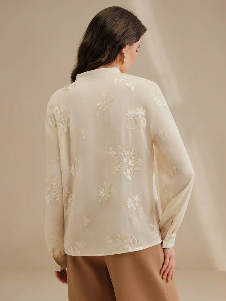 Elegant Stand Collar Design Embroidered Women's Blouse, Business Casual Office