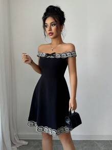 Elenzga Women Off Shoulder Dress, Fashionable Suitable For Summer - Black - View 3