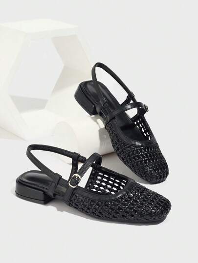 Sleekvia 女士方头后带性感中跟针织芭蕾平底鞋