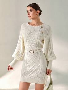CLARA VERO 休闲圆领钻石麻花针织灯笼袖插肩袖仿金纽扣精致迷你针织连衣裙 - 白色 - 查看 7