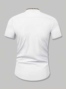 Manfinity Mode Men's Casual Summer Short Sleeve Striped Stand Collar Shirt, Slim Fit Button-Down Casual Shirt With Contrast Color Pocket Design, Versatile For Daily, Casual, Holiday, Commute, Gift For Husband Or Boyfriend Men Fitted Shirts Men Designer Shirts Style Shirts For Men Mens Fashion Shirts Men Dress Shirts Short