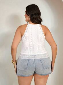 SHEIN Tall CURVE Blusa sin mangas de cuello halter para mujer talla grande con contraste de encaje y bordado láser - Blanco - Ver 2