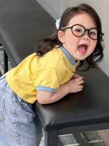 Dazy Kids قميص تي شيرت قصير الأكمام كاجوال بطبعة كرتونية ملونة للبنات، بطراز كوري، صيفي - أصفر - مشاهدة 5