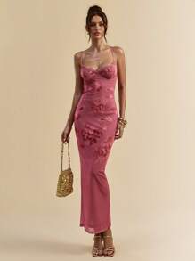 SHEIN BAE 花卉印花无袖紧身连衣裙，蕾丝花边，优雅女士长裙 - 藕粉色 - 查看 4