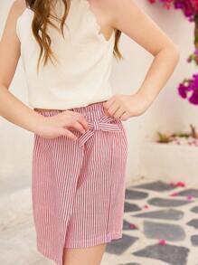 Girls Classic Red & White Striped Bow Decor Asymmetrical Hem Skirt Shorts, Simple Vacation Style, Suitable For Summer Daily Outings