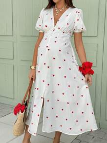 SHEIN 孕妇短袖V领连衣裙，夏季时尚 - 白色 - 查看 8