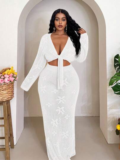 Veslaya Conjunto de suéter de manga larga y falda en unicolor para mujeres de talla grande