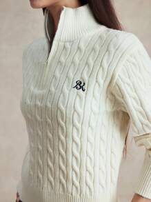 Briarwyn Women's Letter Pattern Long Sleeve Half-Placket Zipper Textured Knit Sweater In Fall/Winter - Beige - View 3