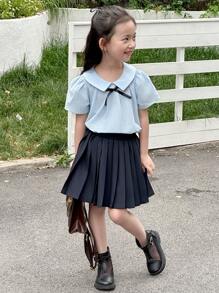 DAZY Set de 2 piezas Blusa con estampado floral y lazo + Falda plisada para niñas, conjunto de atuendos de verano para niñas - Azul - Ver 8