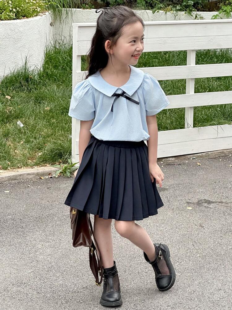 2pcs/Set Young Girls Floral Bowknot Blouse & Pleated Skirt Set,Girls Summer Outfits