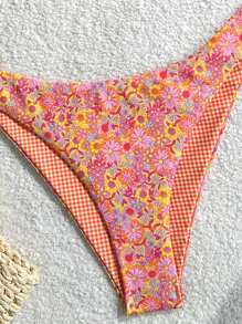 Sweetra Women's Summer Vacation Reversible Ditsy Floral & Plaid Bikini Set