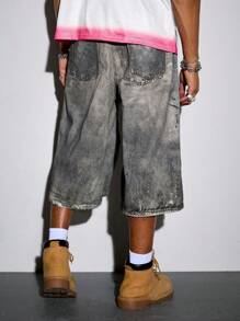 ROMWE MEN Street Life Quần Jeans 3/4 In Họa Tiết Đường Phố Cho Nam, Thời Trang Phù Hợp Cho Mùa Hè - màu đen - Xem 3