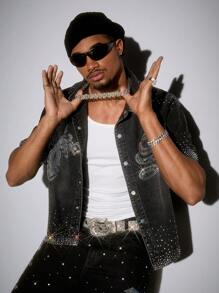 ROMWE MEN Street Life Camisa vaquera de hombre con adornos de rhinestones, de moda para el verano - Negro - Ver 5