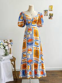 Soleia Đầm Maxi dự tiệc thường ngày họa tiết trái cây và cua nhiều màu sắc cho nữ, tay bồng, viền xếp nếp, lãng mạn, màu cam, họa tiết hoa nhiệt đới xanh lam, mùa hè - Nhiều màu - Xem 5