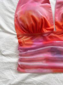 Soleia 女士度假针织网眼复古豹纹露背 V 领系带蝴蝶结褶皱网眼浪漫背心，适合约会、情人节、性感、派对、海滩巡游、复活节、狂欢节、下午茶 - 亮橙色 - 查看 7