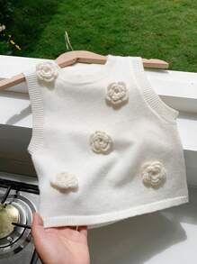 Comfortcana Maglietta aderente senza maniche decorata con fiori, in maglia