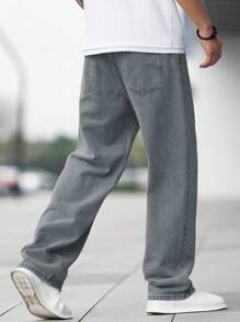 SHEIN Jeans sueltos rectos de denim gris claro vintage básico y casual para niño preadolescente, adecuado para uso diario y las cuatro estaciones