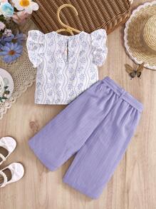 SHEIN 2pcs Toddler Girls' Floral Ruffle Hem Top And Pants Set, Vacation Summer