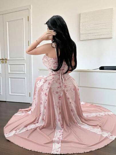 Feyla Women's Floral Print Elegant Spaghetti Strap Dress, Vacation Style Dresses For Wedding Event
