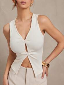 L'Amorae 女士休闲纯色镂空不对称衬衫，夏季 - 杏色 - 查看 1