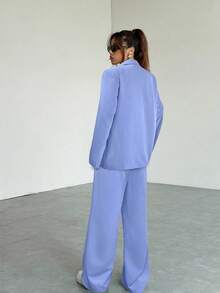 SHEIN EZwear 夏季休闲蓝色女式三件套西装：长袖西装外套 + 马甲 + 口袋裤 - 藍色 - 查看 2