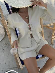 DAZY Summer New Loose Casual Vacation Style Women 2 Pieces Set Linen,Short Women Sets - Beige - View 3