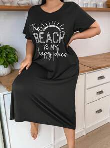 SHEIN 加大码英式印花圆领口袋长款睡袍，适合所有季节，Moo Moo 睡裙 - 黑色 - 查看 4