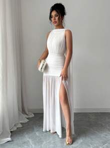 Elenzga Women Solid Color Minimalist Sleeveless Long Dress