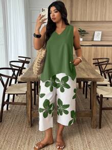 EMERY ROSE 2pcs Casual Sleeveless Plus Size Floral Print Set, Perfect For Vacations - Multicolor - View 3