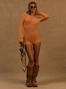 MUSERA 钩针编织修身连体裤，适合伊比沙岛、假日、春季、夏季、海滩、波西米亚风、西部风情节日等场合。也适合夏季穿着，展现牛仔女郎的时尚魅力，是感恩节的理想之选。 - 亮橙色 - 查看 5