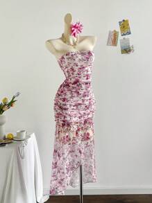 Soleia 女士浪漫雏菊印花蕾丝褶饰露肩低腰不对称下摆连衣裙，度假风 - 彩色 - 查看 5