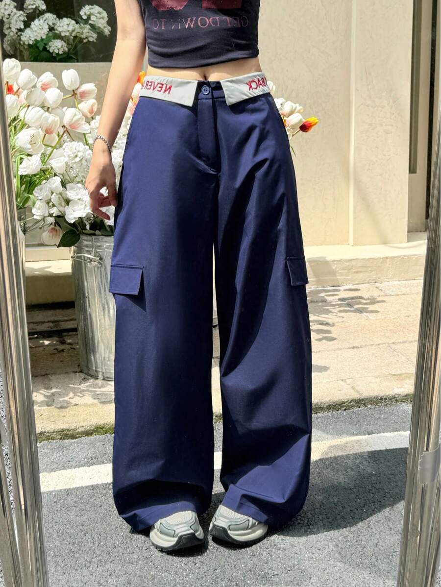 K-Vae 女款夏季深蓝色字母印花腰部褶皱工装阔腿裤，街头学院风长裤 - 彩色 - 查看 1