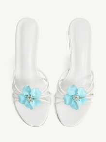 CUCCOO CHICEST Giày cao gót mũi nhọn đính pha lê họa tiết hoa thanh lịch dành cho nữ, khối màu xanh và trắng, da giả, thích hợp cho tiệc trà chiều, hẹn hò, tiệc tùng, nghỉ dưỡng, bãi biển - trắng - Xem 8