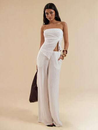 SHEIN BAE 女士纯白色提花针织抽绳褶饰抹胸上衣，度假衬衫，伊比沙岛，海滩，春夏