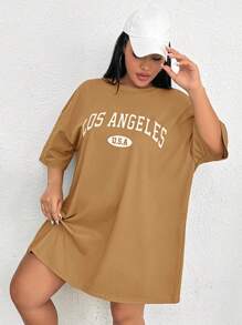 SHEIN EZwear Plus Letter Graphic Drop Shoulder Tee Dress Plus Size T Shirt Girlsy2k Plus Size Clothesoversized T Shirt Women,Summer Dresses For Women,Dresses Casual Oversized T-Shirt Dress - Khaki - View 1