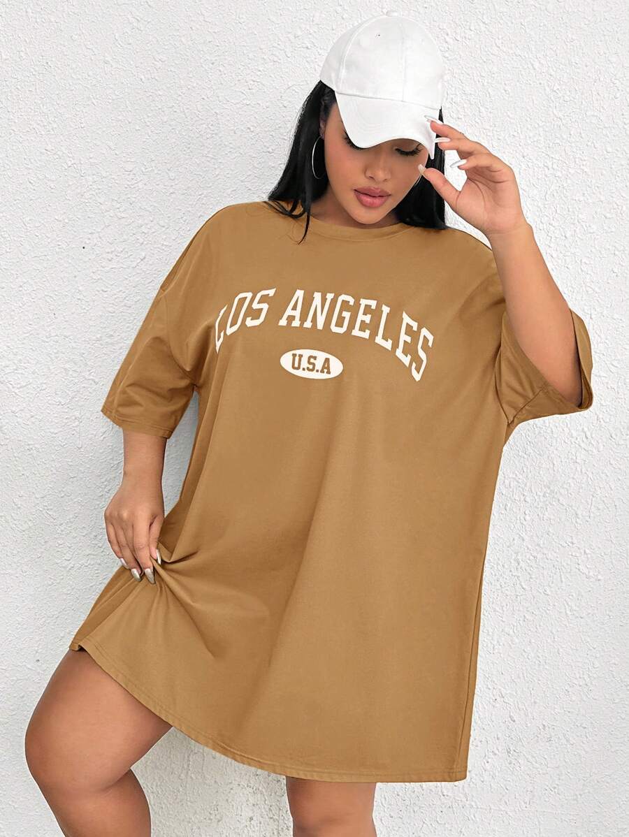 SHEIN EZwear Plus Letter Graphic Drop Shoulder Tee Dress Plus Size T Shirt Girlsy2k Plus Size Clothesoversized T Shirt Women,Summer Dresses For Women,Dresses Casual Oversized T-Shirt Dress - Khaki - View 1