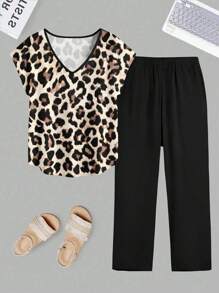 Ensemble deux pièces grande taille grande, top à manches chauve-souris imprimé léopard et pantalon unicolore de couleur, tenue décontractée d'été pour femme - Multicolore - Voir 1