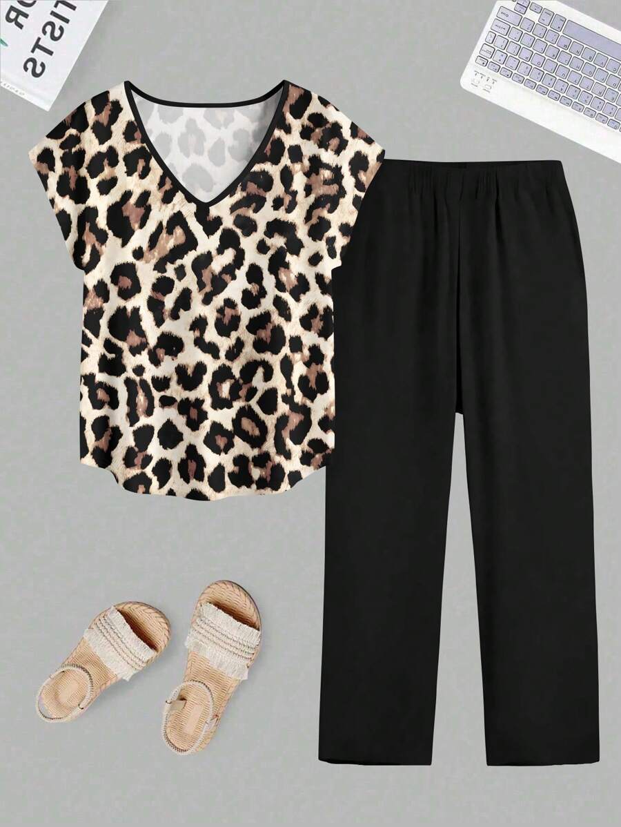 Ensemble deux pièces grande taille grande, top à manches chauve-souris imprimé léopard et pantalon unicolore de couleur, tenue décontractée d'été pour femme - Multicolore - Voir 1