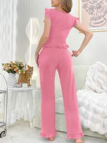 Women Elegant Ruffle Crew Neck Top & Pants Casual Lounge Set Outfit - Dusty Pink - View 2