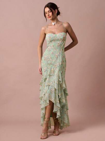 Enchnt Spring/Summer Romantic Women Green Flowers Spaghetti Strap Hem Lotus Leaf Maxi Dress, Suitable For Vacation,Sweet&Elegant For Vacation&Date&Holiday&Party&Graduation&Wedding Guest&Beach,Prom Dress,Summer Dresses For Women,Summer Clothes, ,Elegant Dresses For Party,Bohemian Clothes