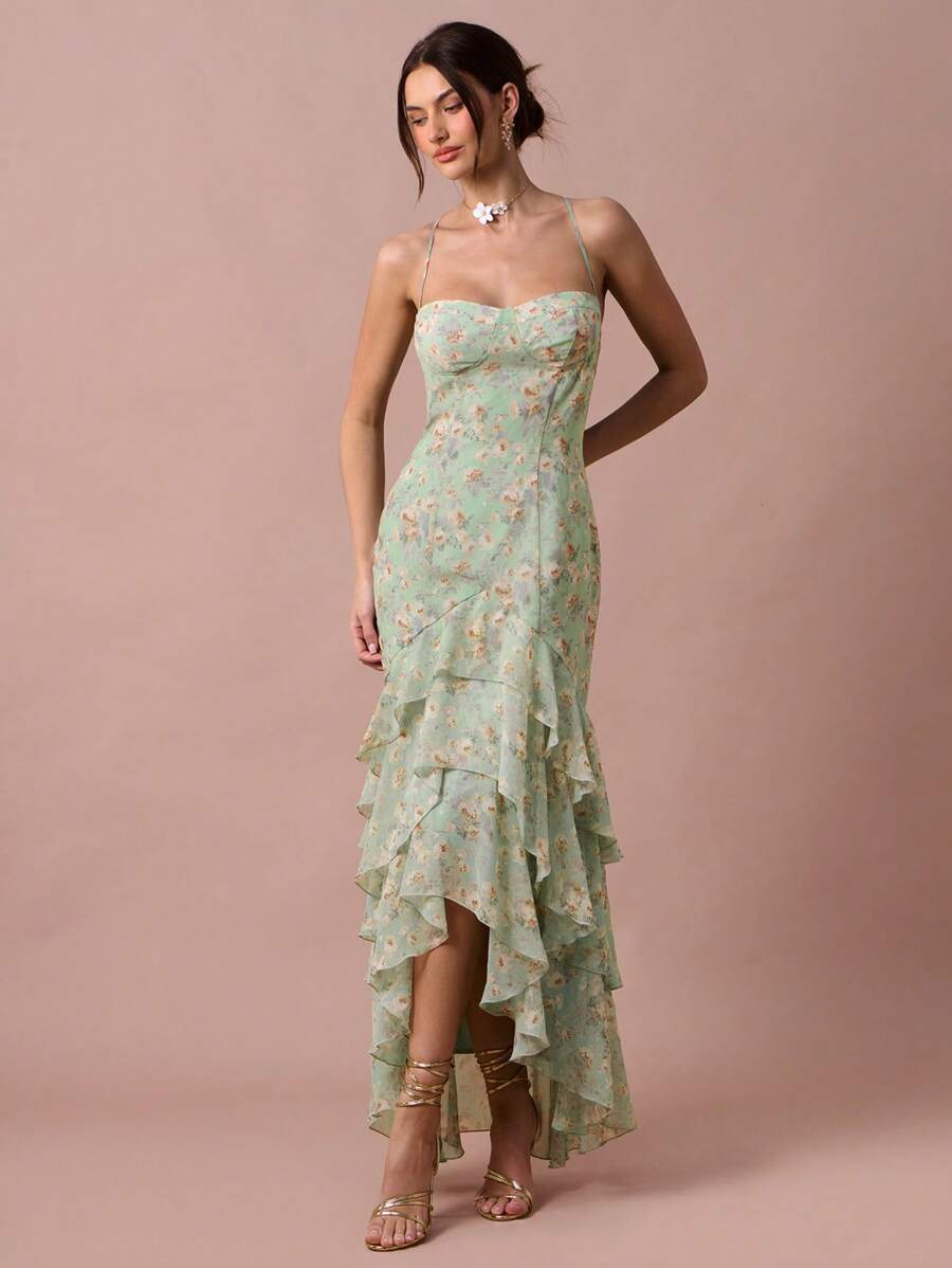 Enchnt Váy maxi lá sen họa tiết hoa xanh lá cây lãng mạn mùa xuân/hè dành cho nữ, thích hợp cho kỳ nghỉ, ngọt ngào và thanh lịch cho kỳ nghỉ, hẹn hò, ngày lễ, tiệc tùng, lễ tốt nghiệp và khách dự tiệc cưới, bãi biển, váy dạ hội, váy mùa hè cho nữ, quần áo mùa hè, váy thanh lịch cho tiệc tùng, quần áo Bohemian - màu xanh lá - Xem 1