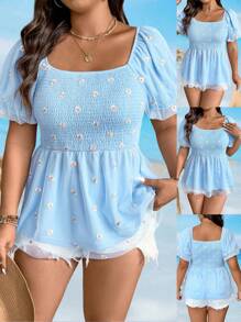 SHEIN Clasi Áo chui đầu tay bồng lưới hoa cúc cỡ lớn cho nữ - Màu xanh lam - Xem 1