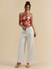 SHEIN BAE Top de escote halter sin espalda con estampado floral y recortes sexy para mujer, verano - Rojo - Ver 6