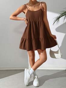 SHEIN EZwear Woven Summer Backless Women's Camisole Dress,Boho Clothes Women - Brown - View 4