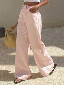 DAZY Women's Summer New Loose Casual Straight Cut Denim Jeans - Baby Pink - View 2