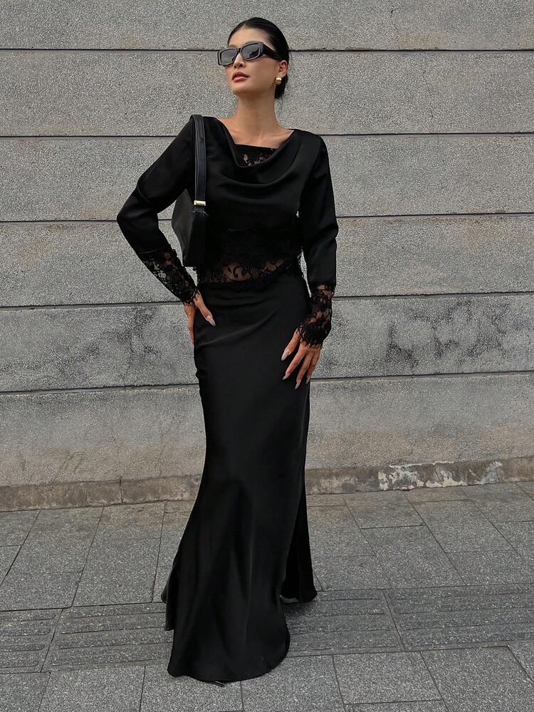 Women's Summer Lace Patchwork Draped Neck Top And Mermaid Hem Skirt 2 Pieces Set