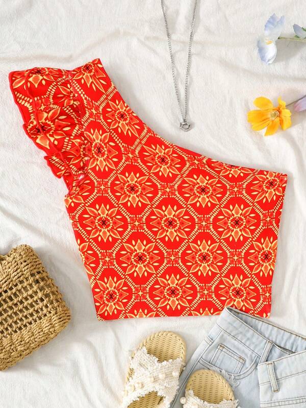 SHEIN Blusa de verano informal de estilo vintage para adolescentes con parte superior corta de tirantes con lazo y estampado floral
