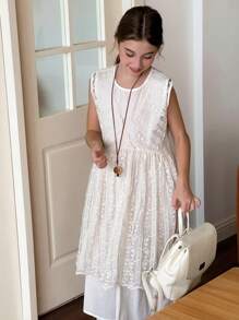 DAZY 少女蕾丝上衣连衣裙两件套 - 藍色 - 查看 4